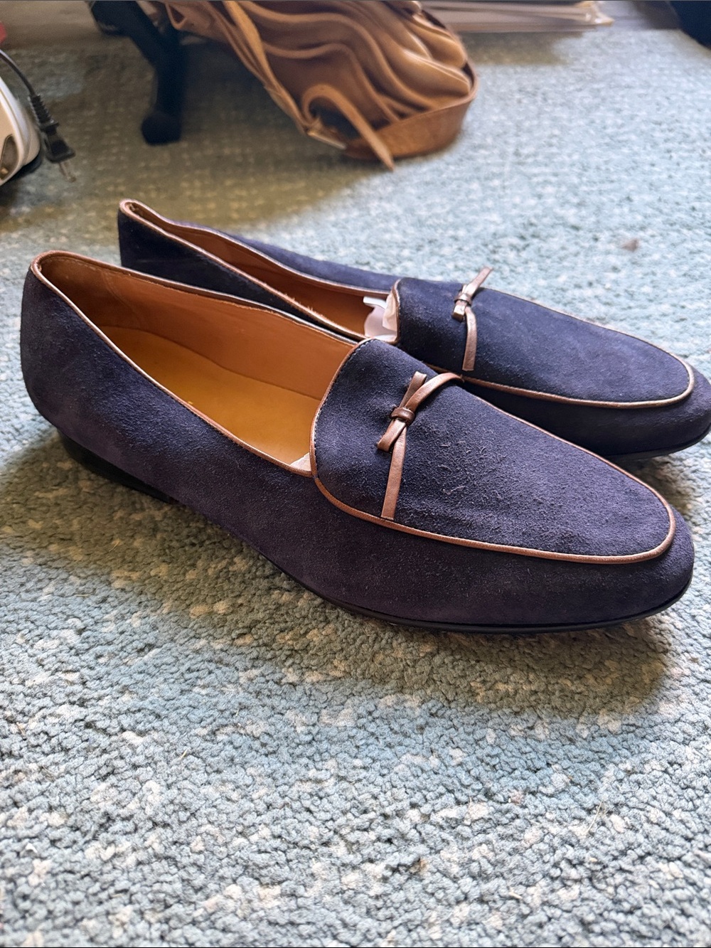 3DM Men's Suede Loafers in Navy with Brown Trim